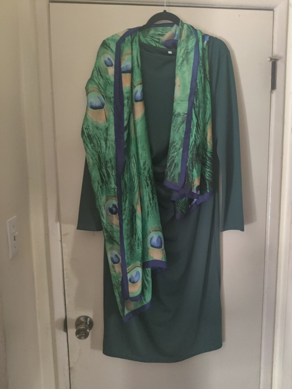 Elegant Teal Green Women's Dress with Peacock Print Scarf